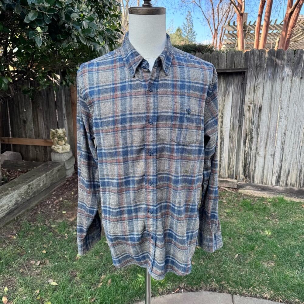 Weatherproof Vintage Grey Blue Plaid Flannel Button Up Shirt Men's Size XL